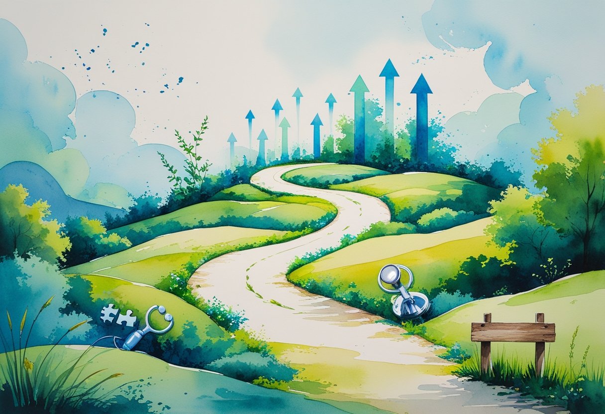 A peaceful landscape with a winding path, balanced scales, puzzle pieces, and healthcare symbols like a stethoscope, representing guidance and growth in managing financial risk.