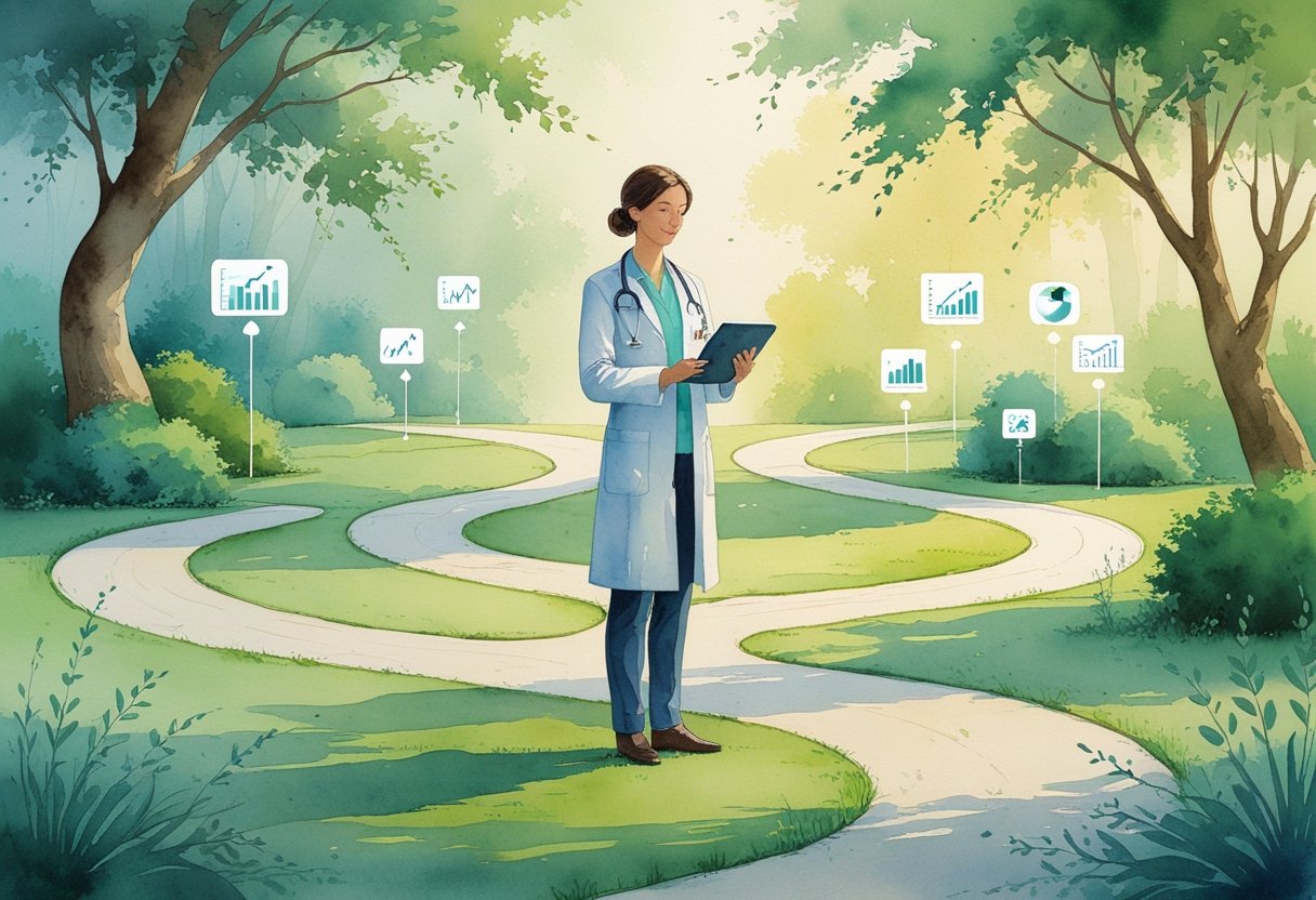 A healthcare practitioner stands at a crossroads in a peaceful garden with multiple paths, surrounded by soft shapes representing financial charts and symbols, holding a glowing tablet, symbolizing thoughtful decision-making.