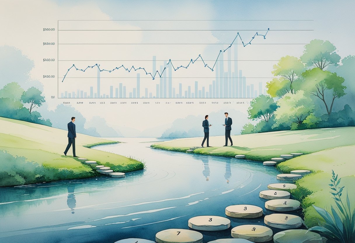 A peaceful scene showing healthcare practitioners crossing stepping stones over a river, surrounded by greenery and soft skies, symbolizing careful navigation and balance.