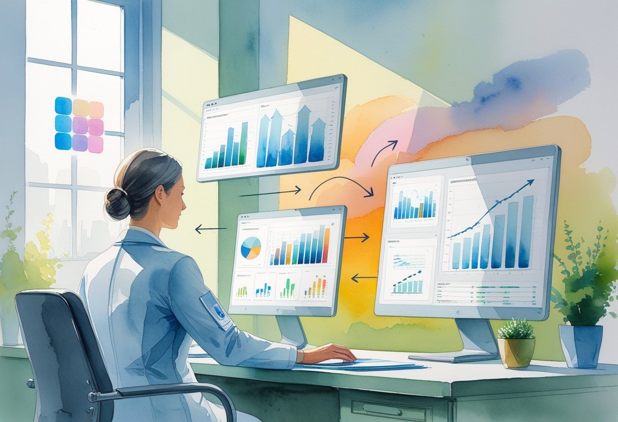 A healthcare practitioner at a desk reviewing charts and graphs with abstract arrows and shapes symbolizing transitions between different risk levels.