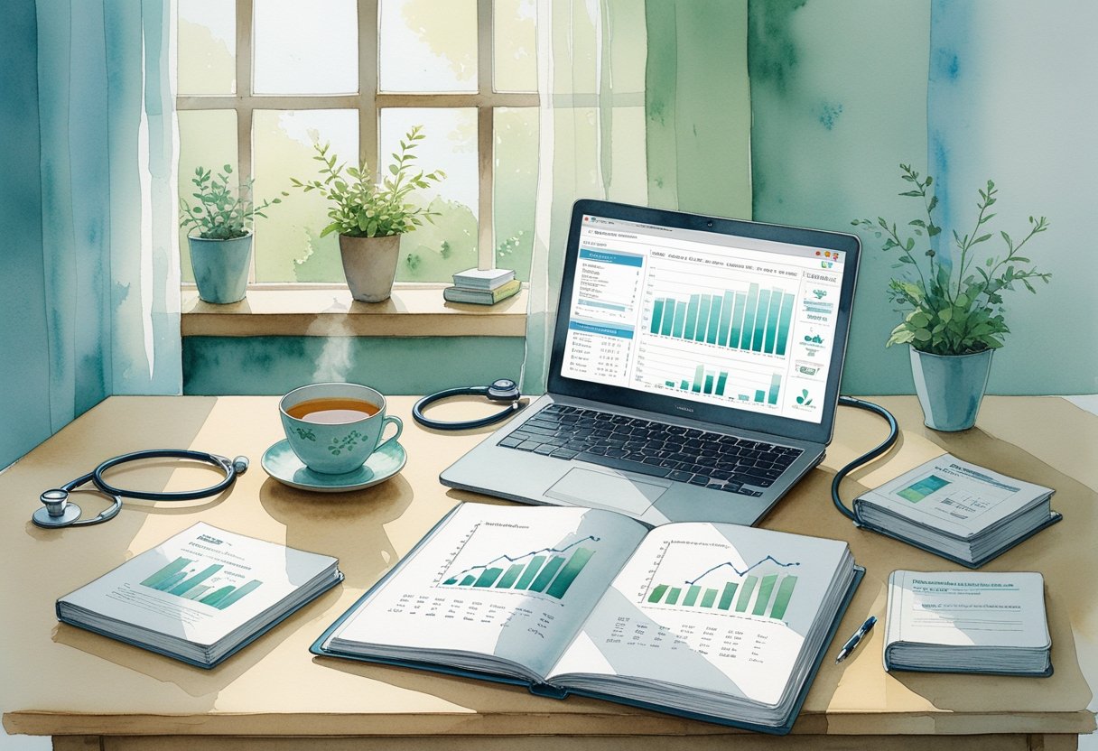 A peaceful workspace with a notebook, laptop showing financial charts, a cup of tea, and medical items like a stethoscope and books on a wooden desk near a window.