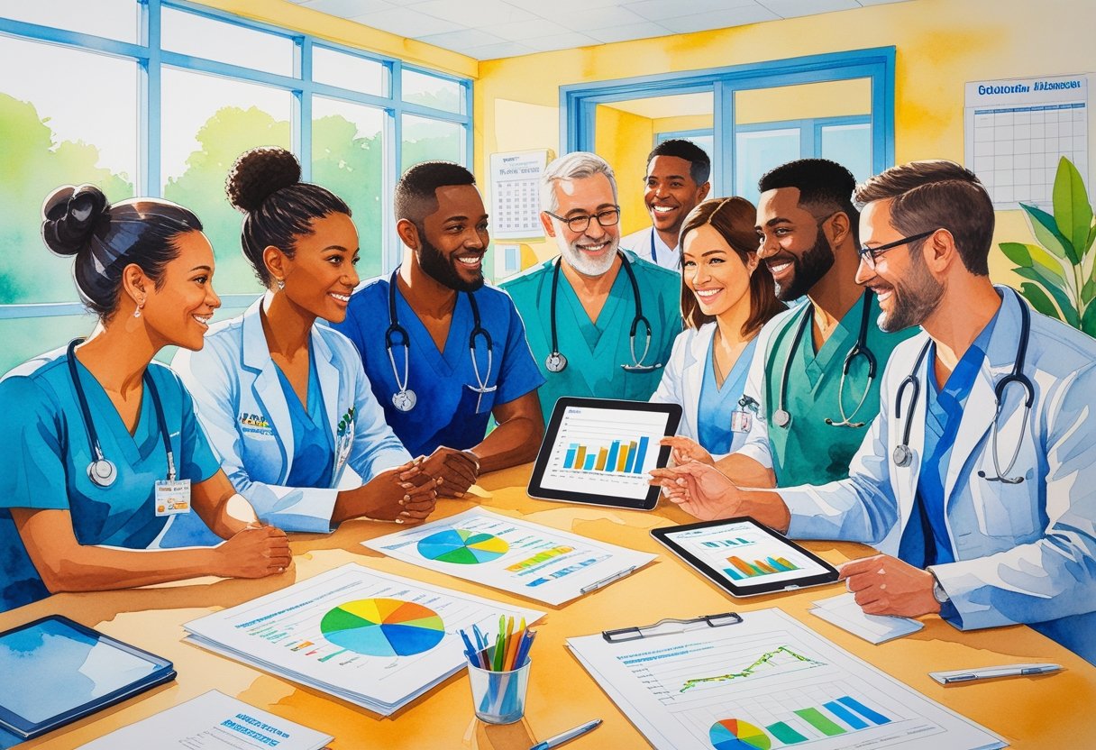 A diverse group of healthcare workers discussing financial documents around a table in a bright medical facility.