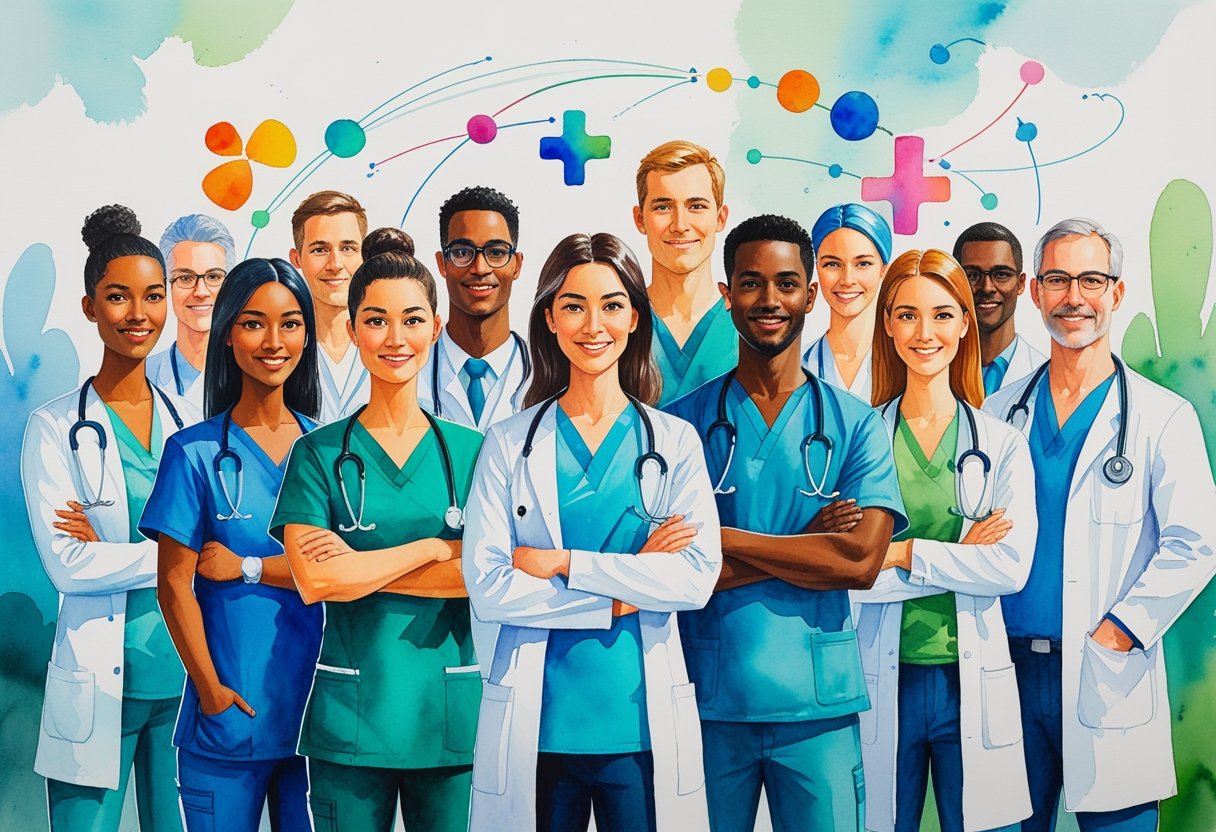 A group of diverse healthcare workers standing together in a hospital, surrounded by abstract colorful shapes symbolizing personalized care and support.