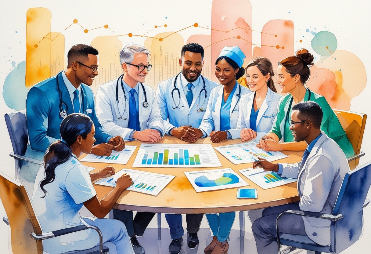 A group of diverse healthcare workers gathered around a table discussing retirement plans, with charts and documents visible.