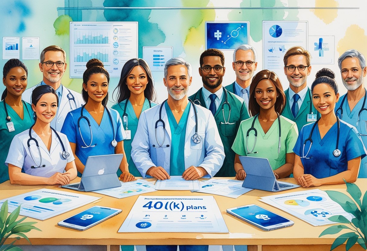 A group of diverse healthcare professionals collaborating around a table with documents and devices, representing personalized retirement planning.