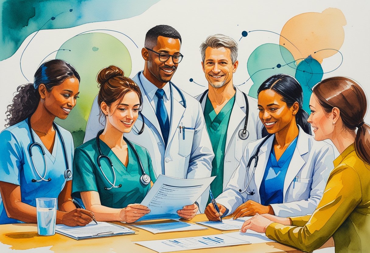 A group of diverse healthcare workers at different career stages interacting and collaborating, with one reviewing financial documents with an advisor.