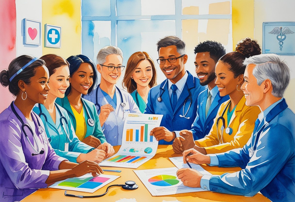 A group of healthcare workers meeting with an advisor around a table, discussing retirement plans with charts and documents.