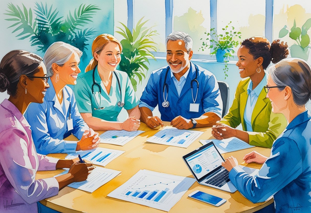 A group of healthcare workers sitting around a table discussing retirement plans in a bright office setting.