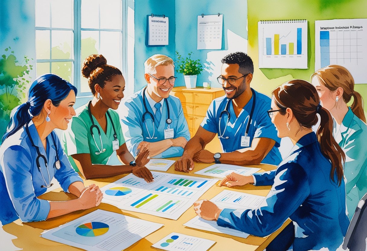 A group of healthcare workers collaborating around a table with charts and documents in a bright office setting.
