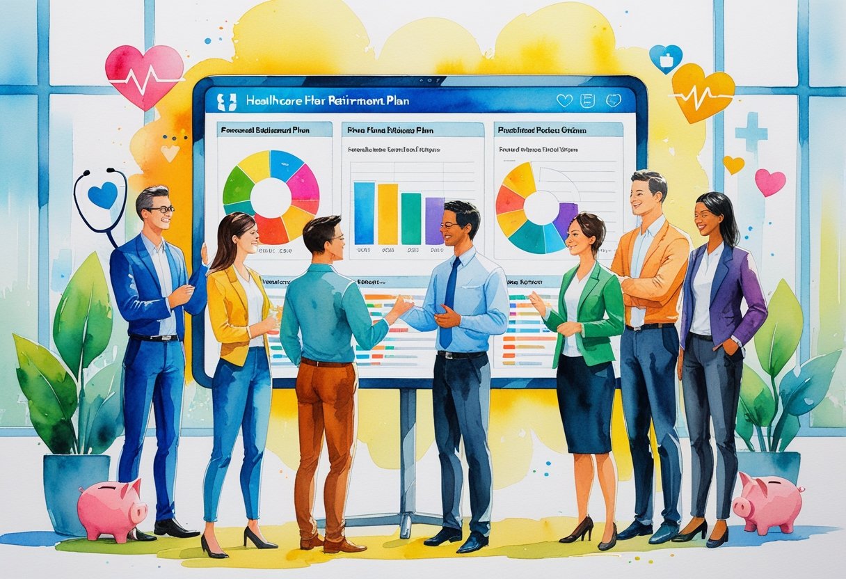 A group of employees gathered around a digital screen showing personalized healthcare retirement plan options in a bright office setting.