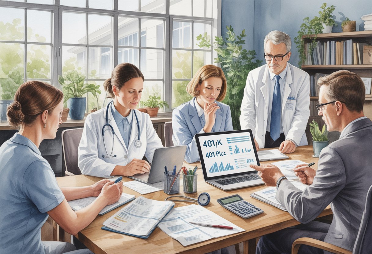 A group of healthcare professionals and financial advisors discussing documents and charts around a table in a bright office.