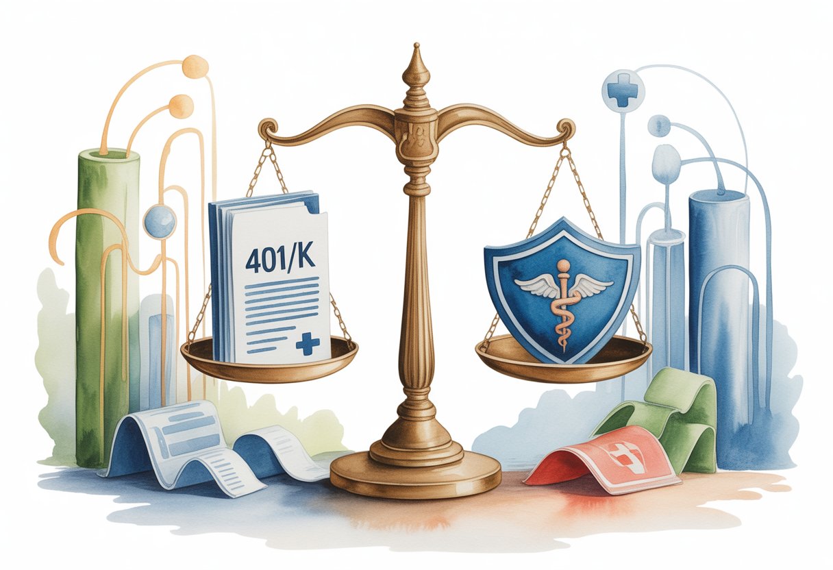 A balance scale with a 401(k) document on one side and a healthcare symbol on the other, surrounded by abstract data streams and glowing nodes, set against a calm blue and green background.