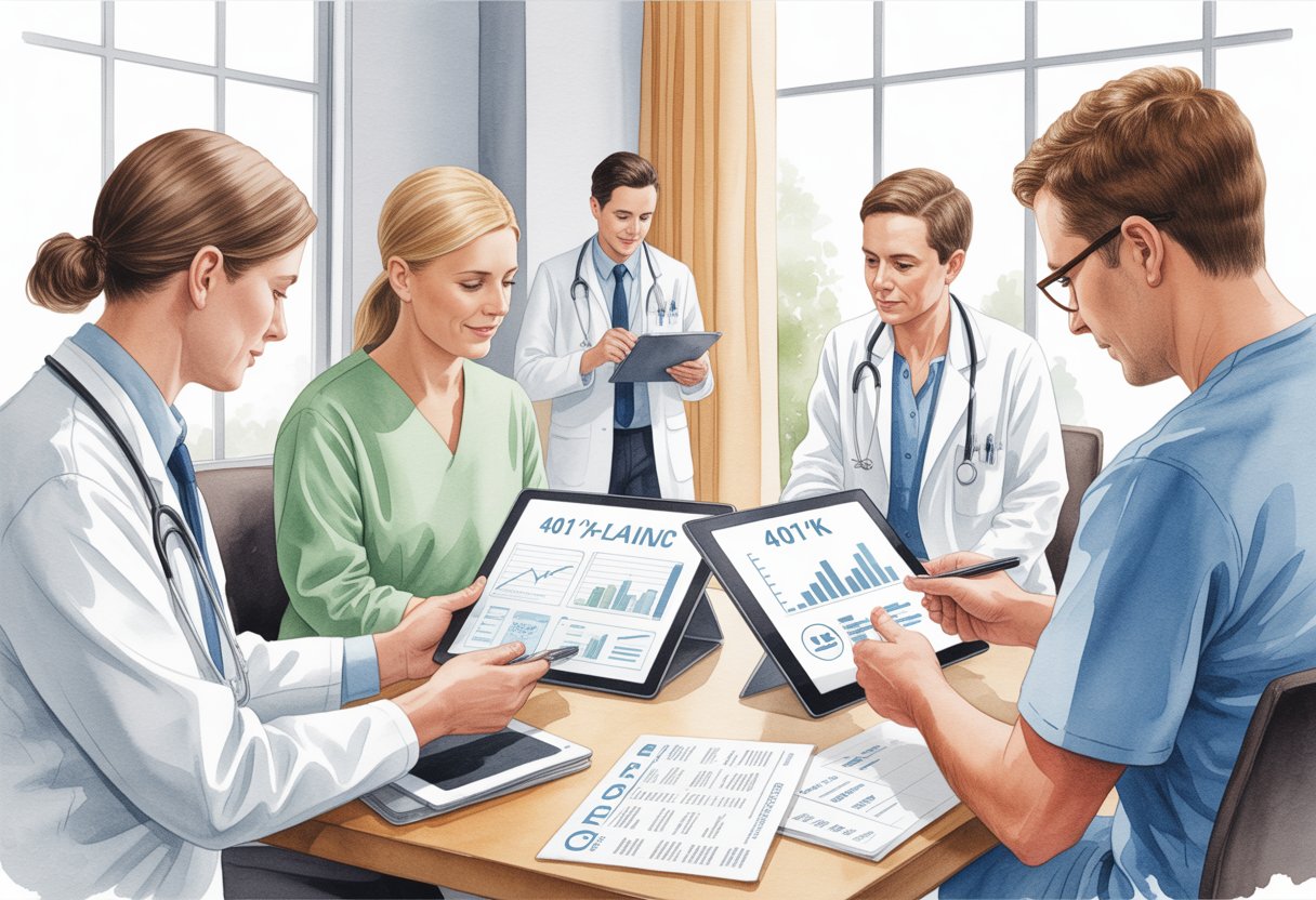 Healthcare professionals collaborating around a table reviewing financial documents and charts in a hospital conference room.