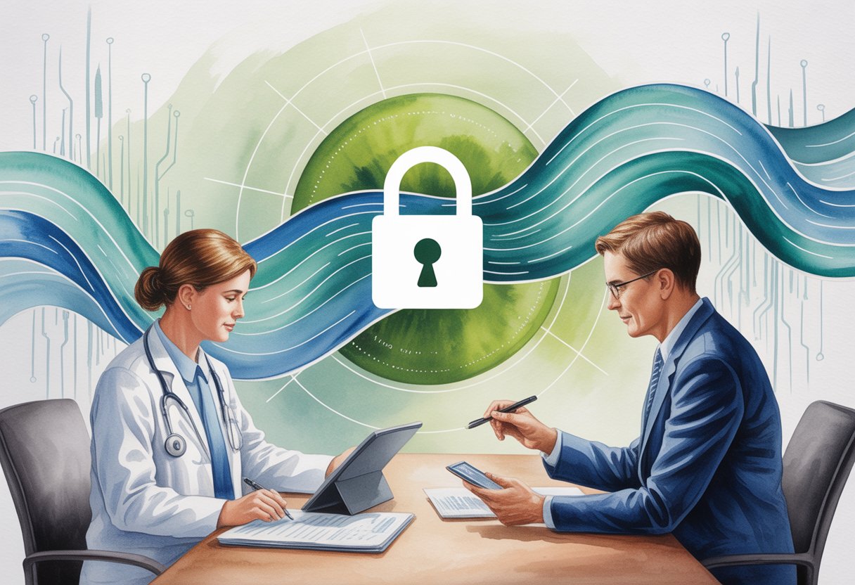 A healthcare professional and a financial advisor discussing documents and a tablet in an office, surrounded by abstract digital patterns and a secure lock symbol.