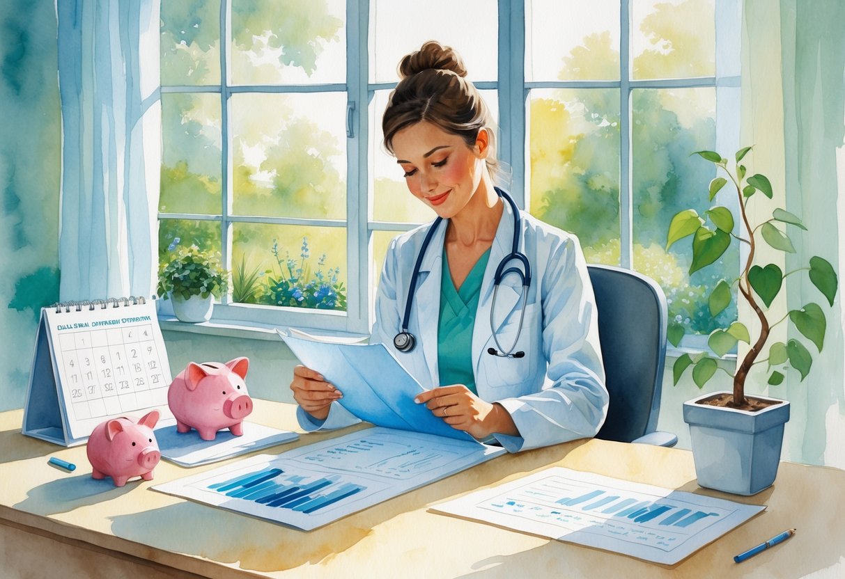 An independent healthcare practitioner reviewing financial documents at a desk in a bright home office with a window showing a garden outside.