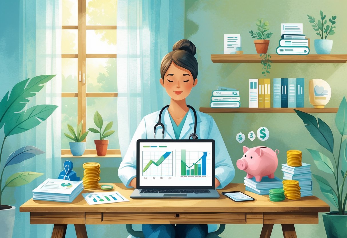 A healthcare practitioner at a desk reviewing financial charts and documents surrounded by medical items and symbols of savings in a calm indoor setting.
