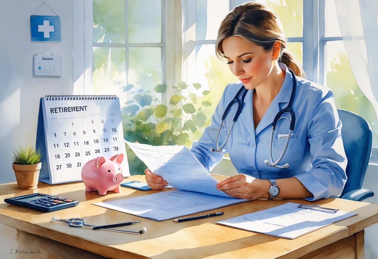 A healthcare professional sitting at a desk reviewing financial documents with medical tools nearby in a bright home office.