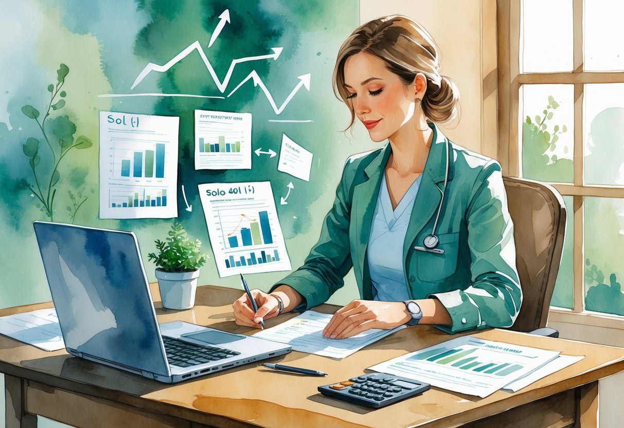 A healthcare professional sitting at a desk with financial documents, a laptop, and a calculator, surrounded by symbols of growth and planning.