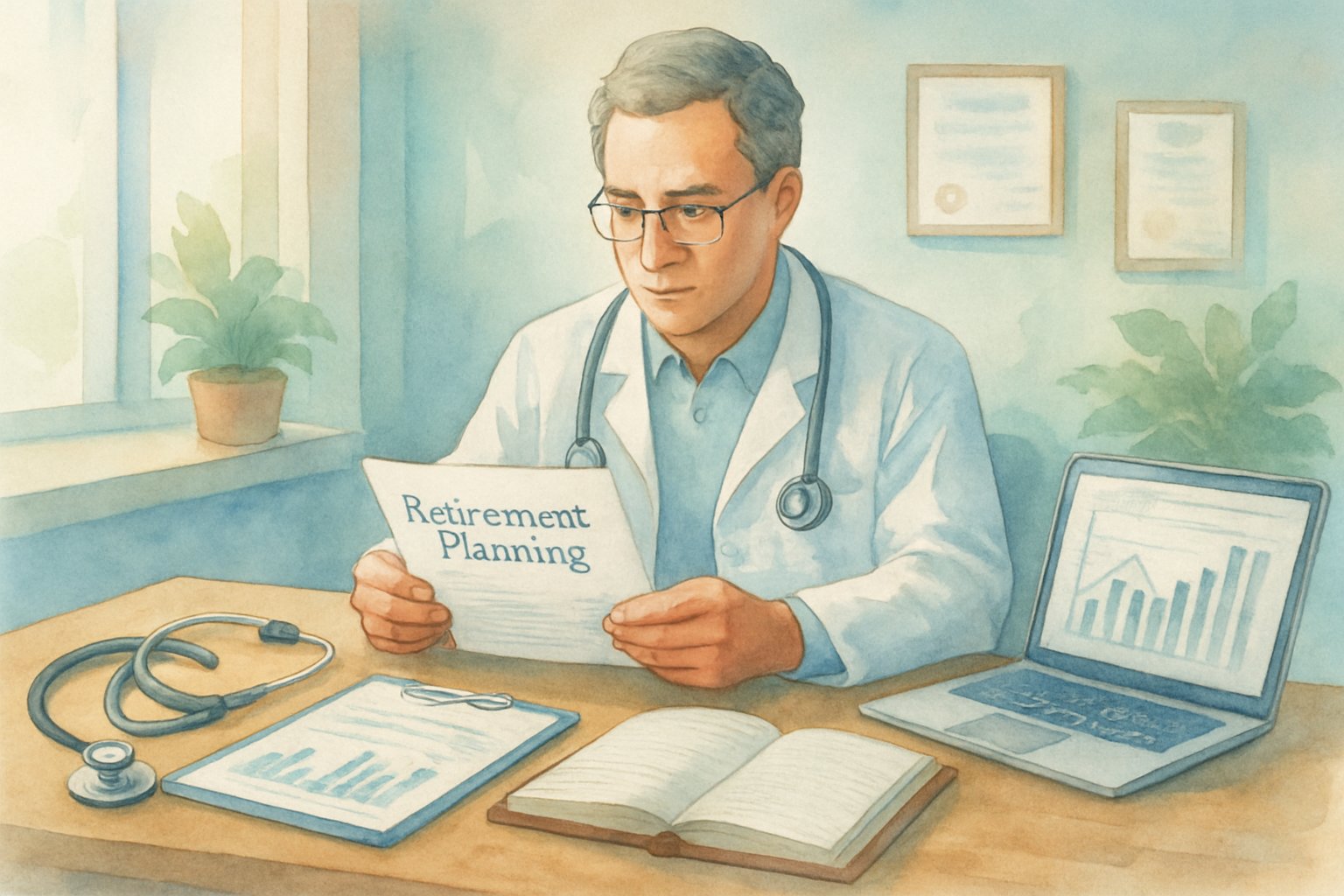 A healthcare practitioner sitting at a desk reviewing documents with medical and financial items nearby in a calm office setting.