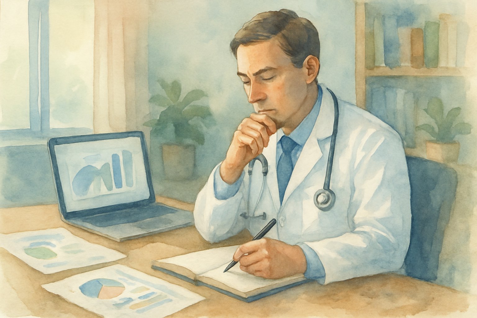 A healthcare practitioner in a white coat thoughtfully reviewing documents and charts at a desk in a calm office setting.