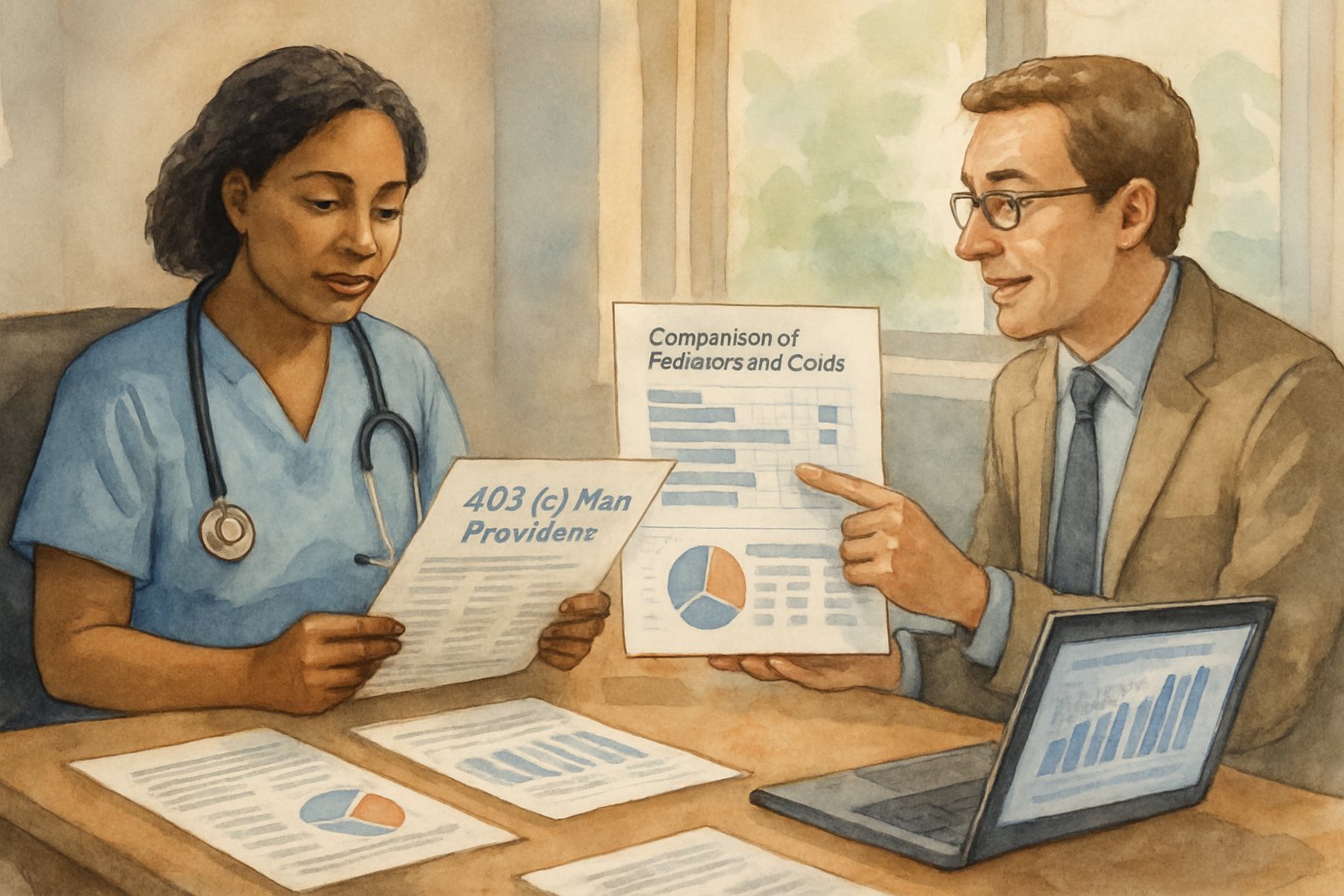 A healthcare practitioner and a financial advisor reviewing documents and charts about 401(k) plans in a bright office.