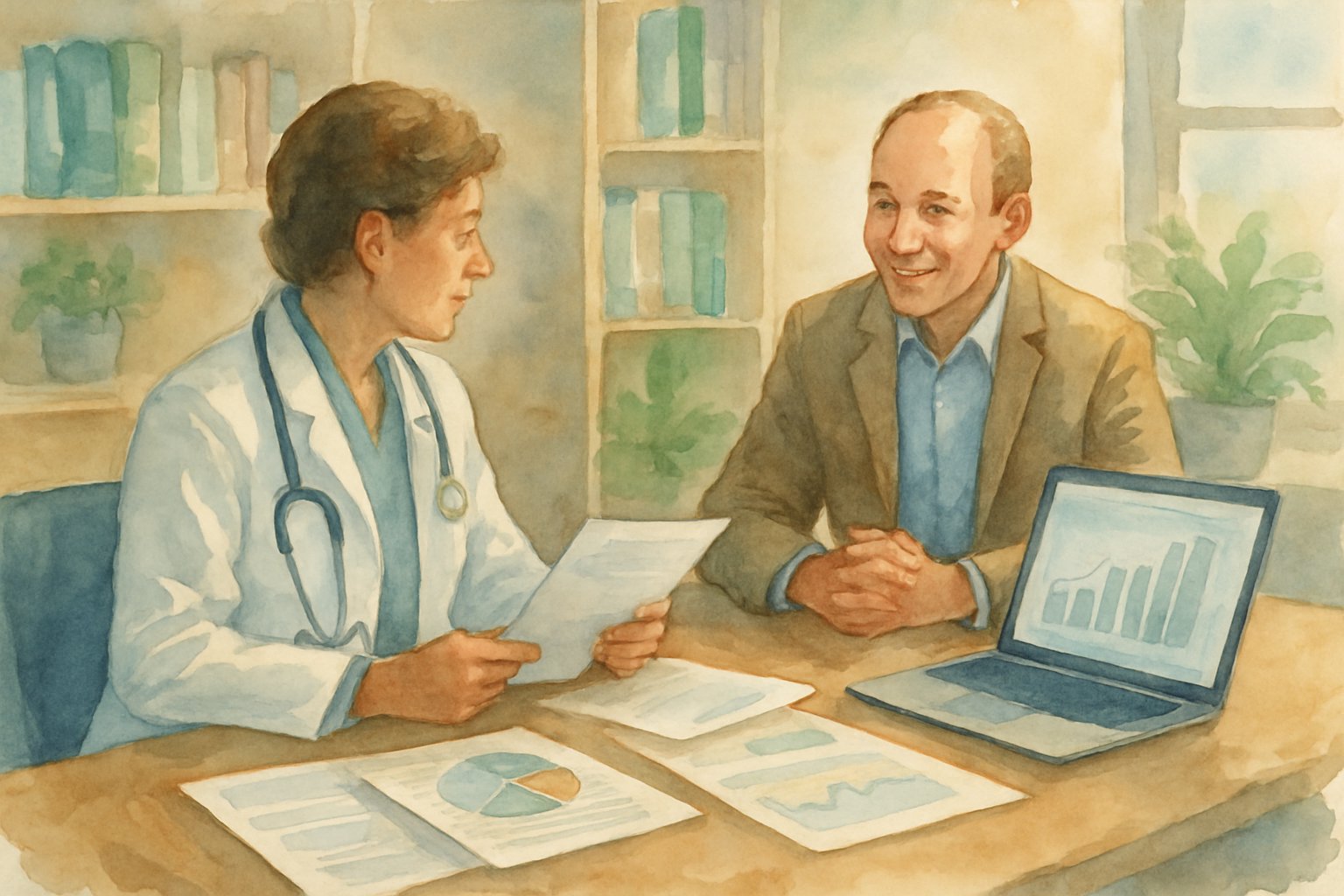 A healthcare practitioner and a financial advisor sitting at a desk reviewing documents together in a professional office setting.